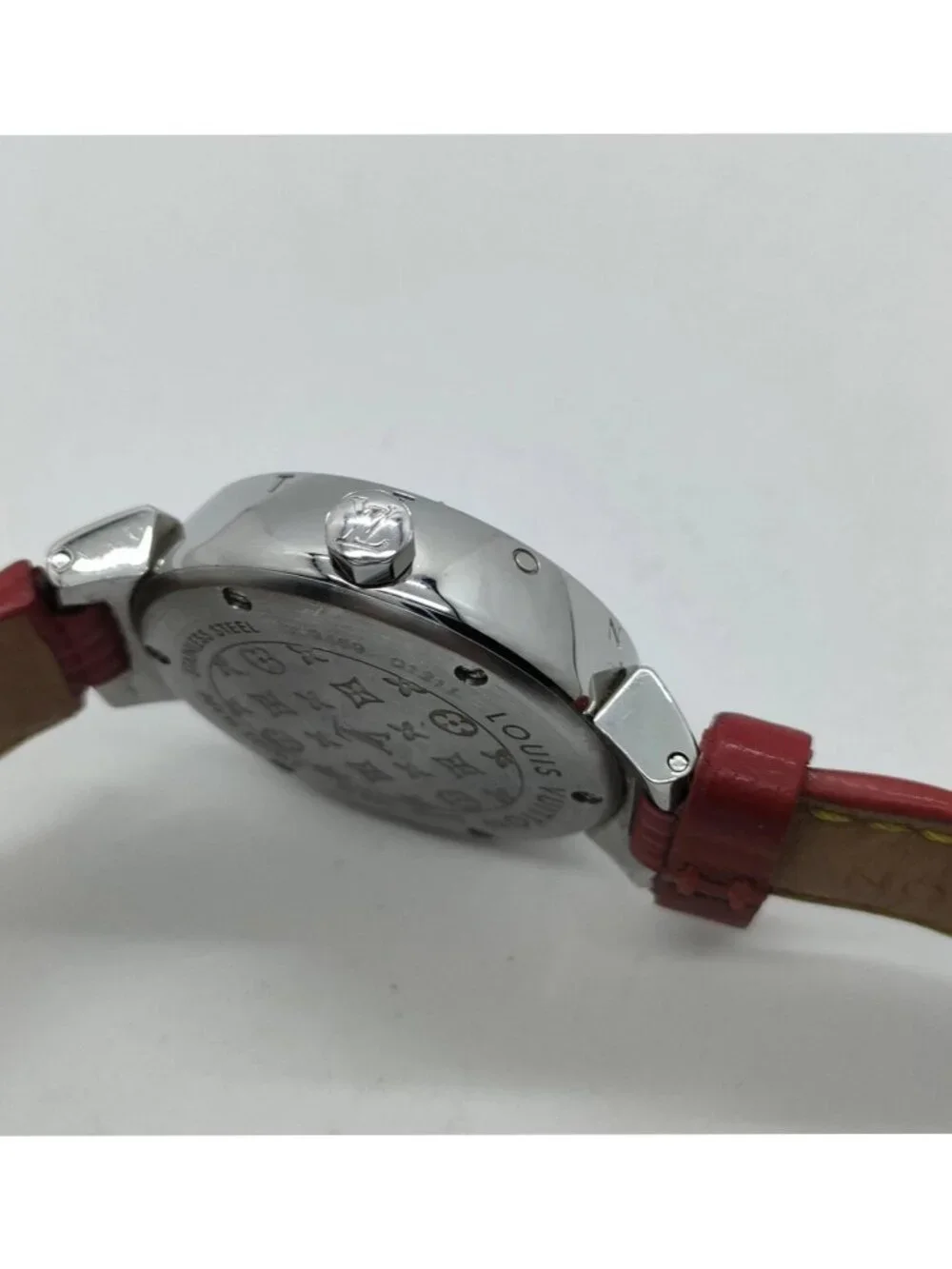Authentic Louis Vuitton Tambour Black Dial Red Leather Strap Swiss Quartz